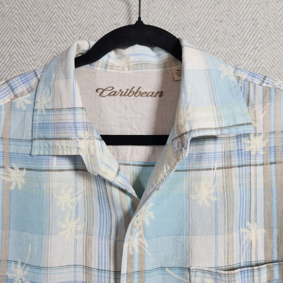 Caribbean Blue Plaid Palm Trees Men's XL Button Down Shirt - Picture 4 of 8